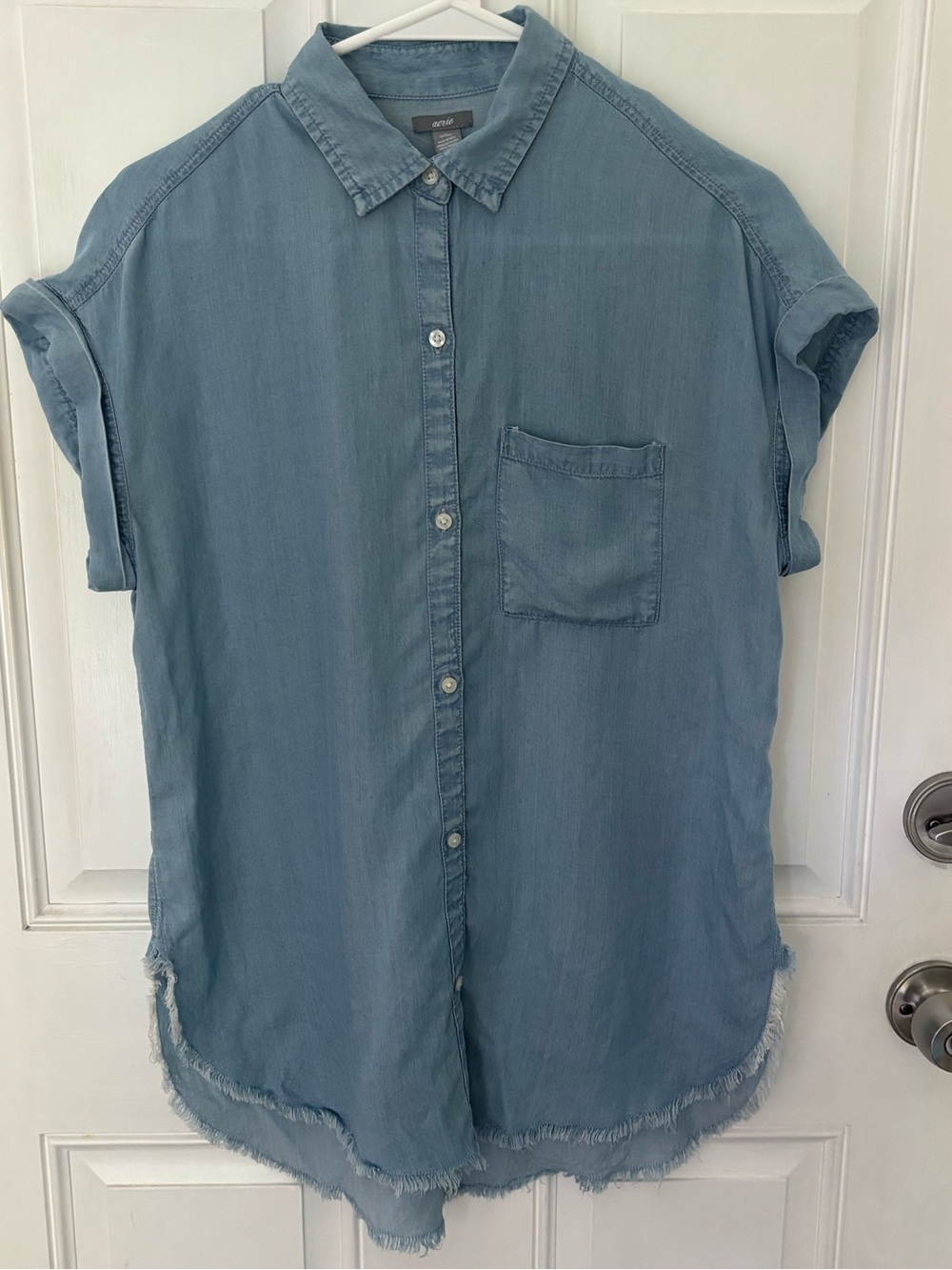 Aerie Blue Chambray 100% Lyocell Button Down Shirt Frayed Hem Pocket XS